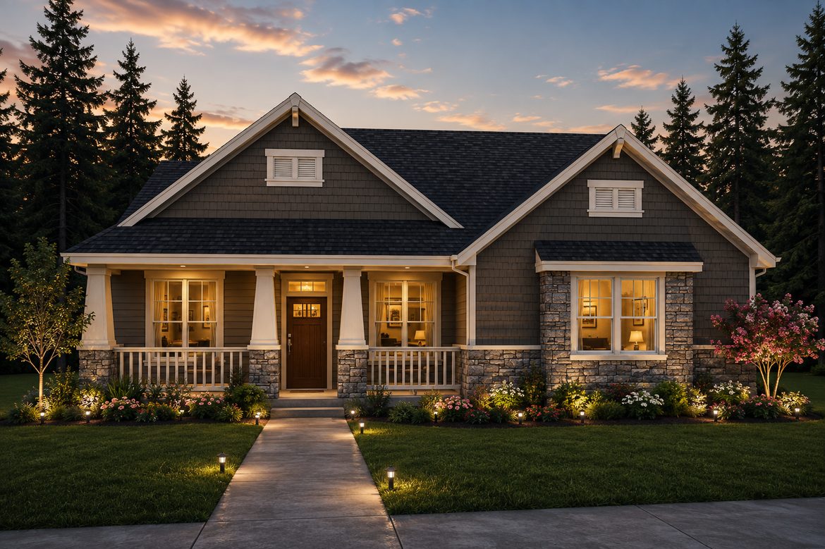 Twilight exterior rendering of Home Plans NW Plan 1471-A