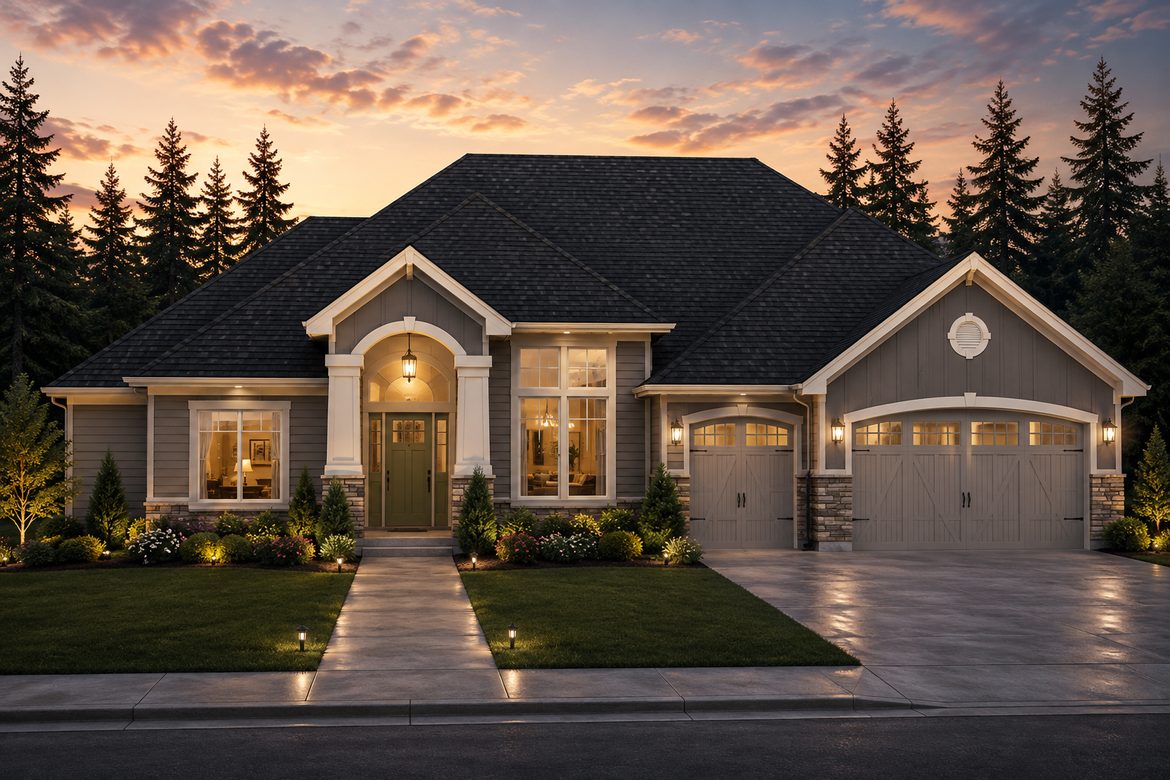 Twilight exterior rendering of Home Plans NW Plan 2470-A