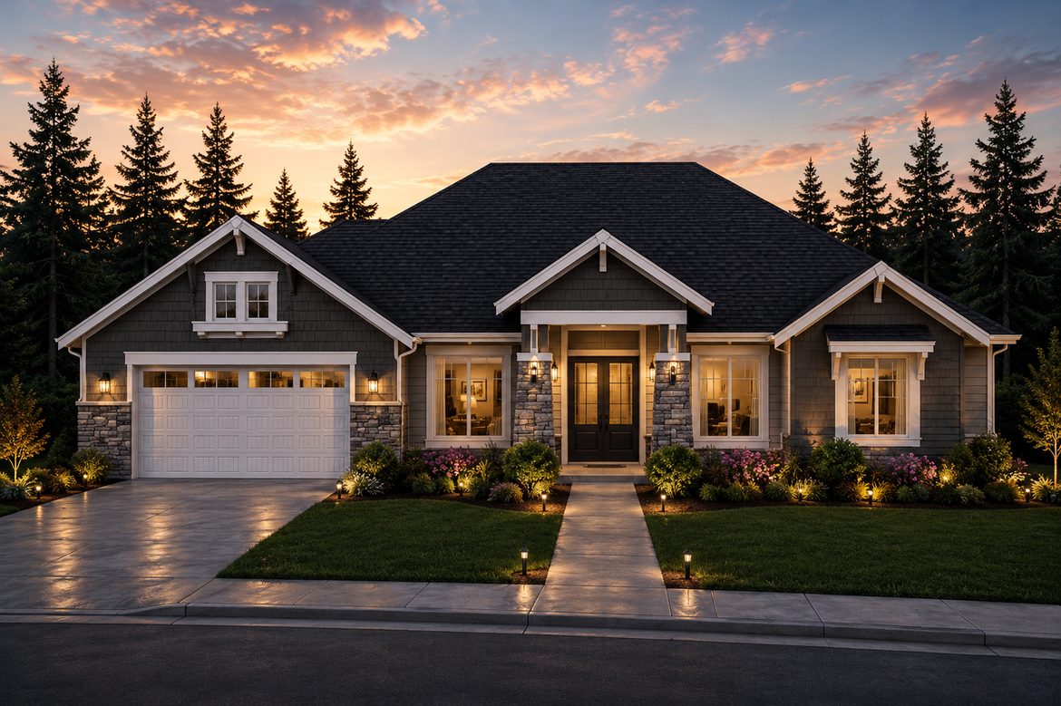 Twilight exterior rendering of Home Plans NW Plan 2796-A