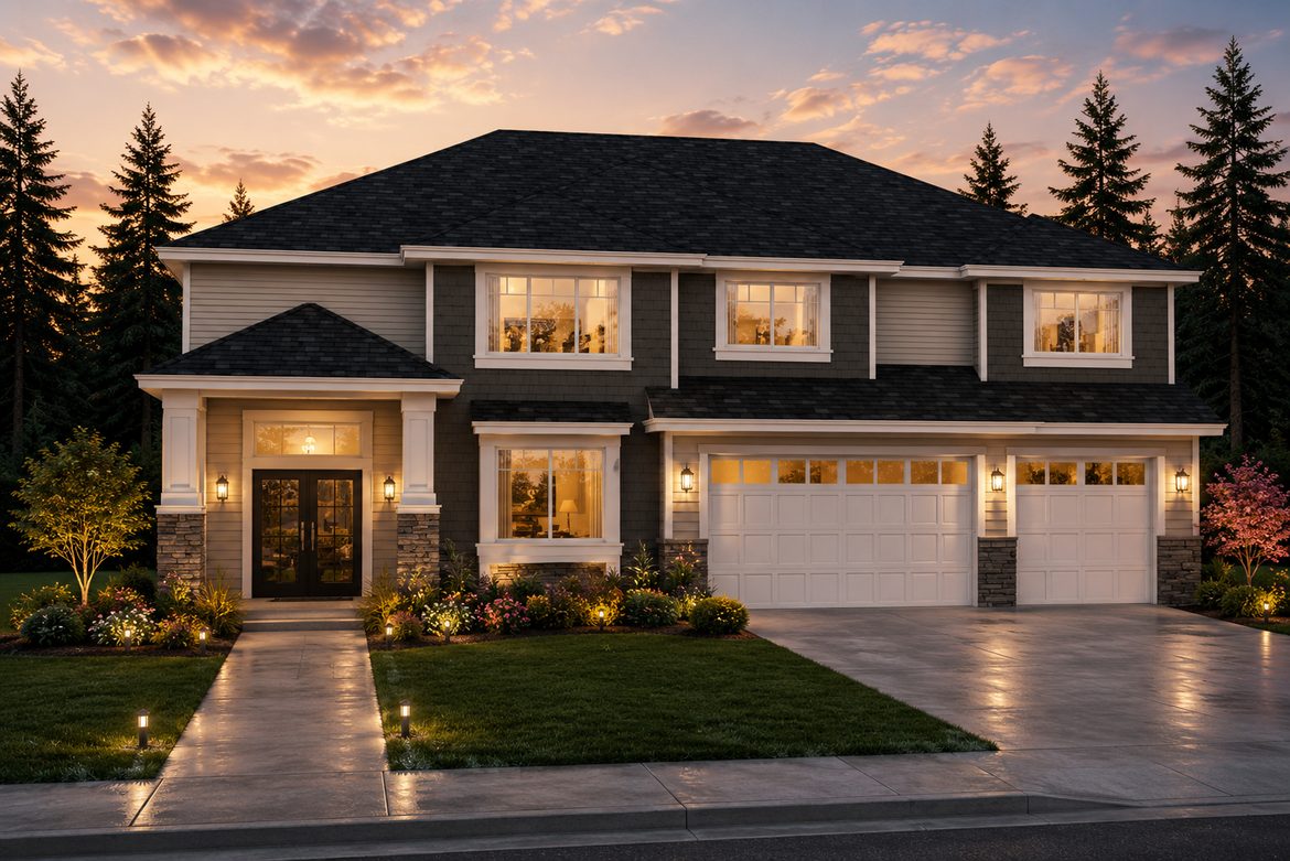 Twilight exterior rendering of Home Plans NW Plan 3156