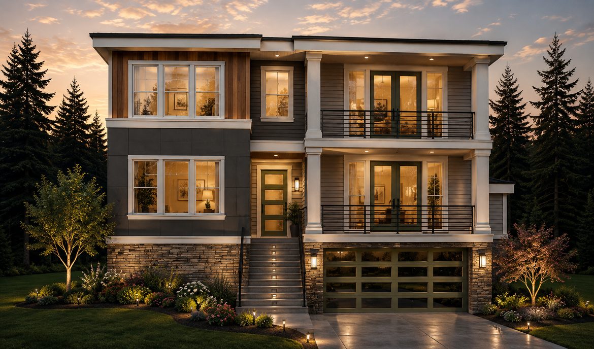 Twilight exterior rendering of Home Plans NW Plan 3863-A
